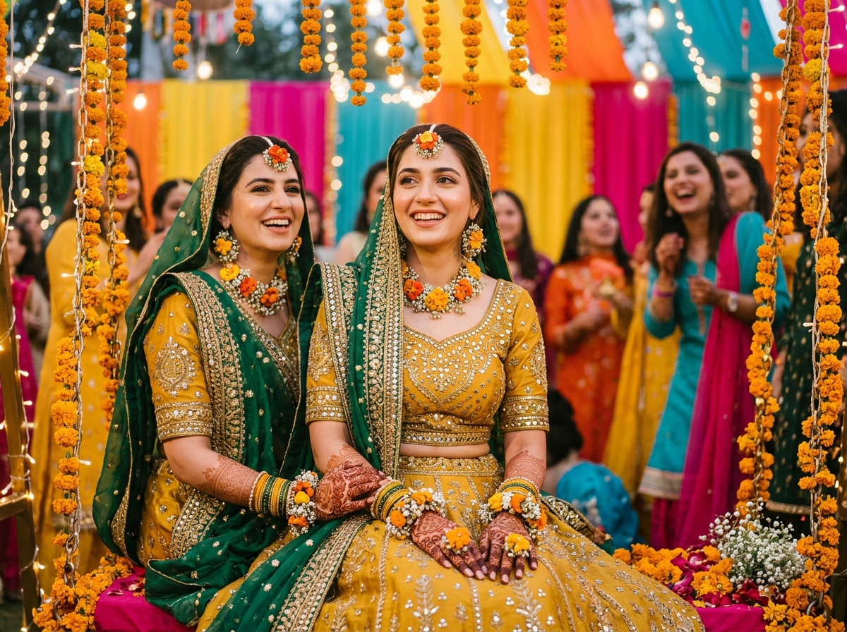 Mehndi celebration bride look with festive florals
